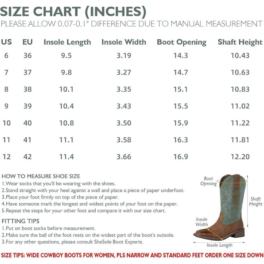 SheSole Western Boots Women's Brown Tan Faux Leather Square Toe Wide Mid Calf - Picture 7 of 9